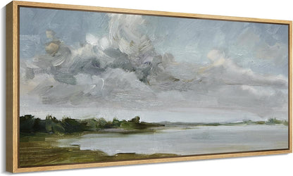 MUDECOR Extra Large Framed Canvas Print Wall Art Tranquil Landscape Soft Brushstroke Lake Scene Illustrations Antique Retro Fine Art Illustrations Decorative Colorful for Bedroom - 60"x30"