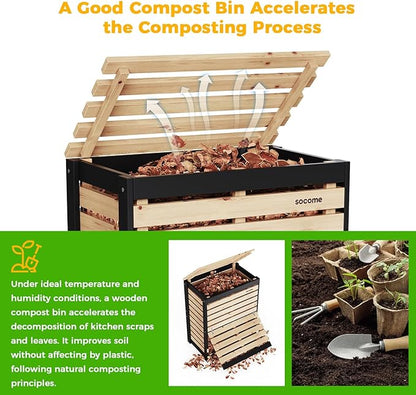 95 Gallon Solid Wood Composter, Outdoor Compost Bin with Pull-Out Door, Large Composting Bin for Backyard, Garden, Patio, Natural