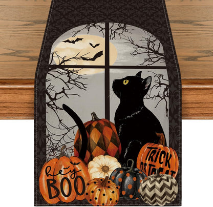 Artoid Mode Black Cat Pumpkins Boo Halloween Table Runner, Trick Or Treat Seasonal Kitchen Dining Table Decoration for Home Party Decor 13x60 Inch