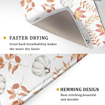 Fall Dish Drying Mat for Kitchen Counter Autumn White Pumpkins Maple Leaves Seasonal Super Absorbent Reversible Microfiber Kitchen Countertop Protector Dishes Pad Large 18x24 inch