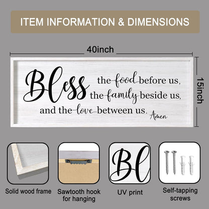 Bless the Food Before Us, the Family Beside Us, and the Love between us Framed Wall Art for Dining Room, 40''×15'' Holy Positive Religious Rustic Bible Verse for Christian God Jesus Christ Prayer