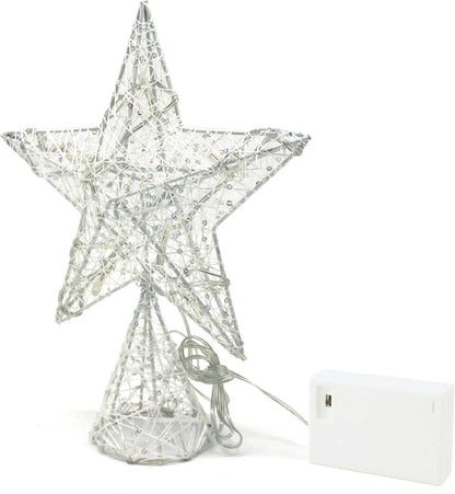 CVHOMEDECO. White Tree Top Star with Warm White LED Lights and Timer for Christmas Ornaments and Holiday Seasonal Décor, 8 x 10 Inch