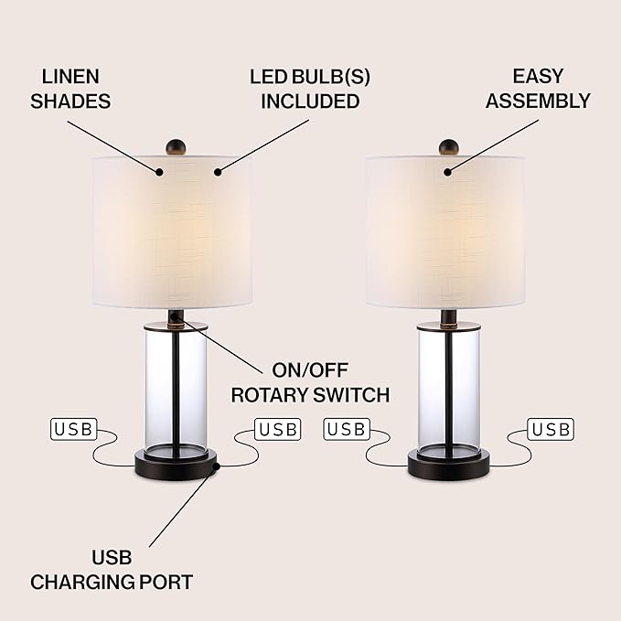 JONATHAN Y 21" Oil Rubbed Bronze/Clear Modern Glass Table Lamp Set of 2, Bedside Nightstand Lamps with USB Charging Port, White Linen Shade, LED Bulbs Included JYL8500A-SET2