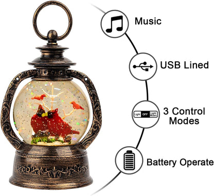 Christmas Snow Globe Lantern Water Glittering Cardinal with Music, USB Lined/Battery Operated Lighted Lantern for Christmas Festival Decoration Gifts