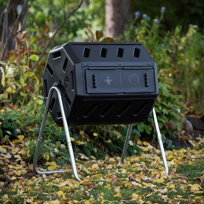 FCMP Outdoor IM4000 Dual Chamber Tumbling Composter Canadian-Made, 100% Recycled Resin - Outdoor Rotating Compost Tumbler Bin for Garden, Kitchen, and Yard Waste, Black (37 Gallon)