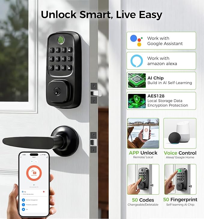 Wi-Fi Smart Locks for Front Door with 2 Lever Handle Set,App Control,Keyless Entry Deadbolt for Front Door with Auto Lock,Electronic Digital Keypad,Remote Control,Voice Unlock,Waterproof,Black