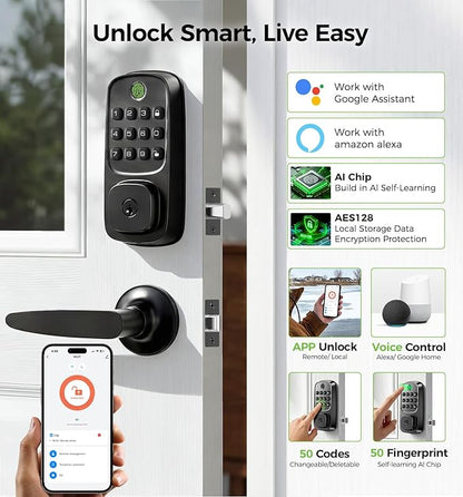 Wi-Fi Smart Locks for Front Door with 2 Lever Handle Set,App Control,Keyless Entry Deadbolt for Front Door with Auto Lock,Electronic Digital Keypad,Remote Control,Voice Unlock,Waterproof,Black