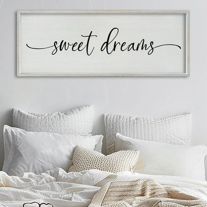 SRSZHIYUE Sweet Dreams Above Bed Wall Decor, 40"x15" Large Rustic Master Bedroom Over Bed Sign Guest Room Couples Wood Framed Farmhouse Horizontal Hanging Decoration (White)