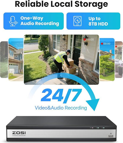 ZOSI C220 16CH 4K PoE Home Security Camera System, 16 Channel 4K 8MP NVR with 4TB HDD for 24/7 Record, 14 x 4MP(1440p) QHD 2.5K Dome IP Cameras Outdoor Indoor, Smart AI Human Detection, Two-Way Audio