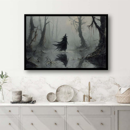 JFHCQJPK Vintage rustic swamp witch poster dark moody wall art gothic horror season halloween print for home decor retro dark moody painting24x36in Metal blackFramed