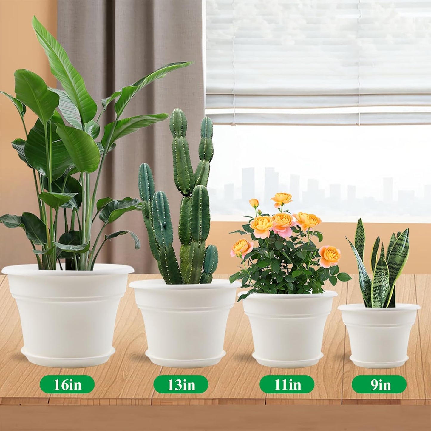 13 Inch Plastic-Flower-Pot-for-Indoor-Plants, 4 Pack Large Outdoor Planter Pot with Drainage Holes & Saucers, Resin Decorative Garden Pots Planters