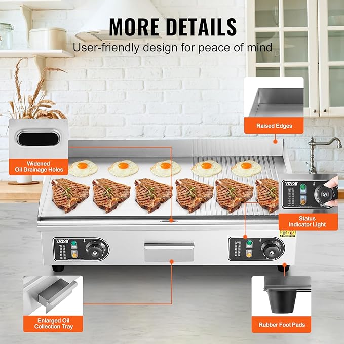 VEVOR Upgraded Commercial Electric Griddle, 2800W Countertop Half-Flat Top Grill, 122℉-572℉ Adjustable Temp, 29'' Stainless Steel Griddle Grill for Home or Restaurant(No Plug)