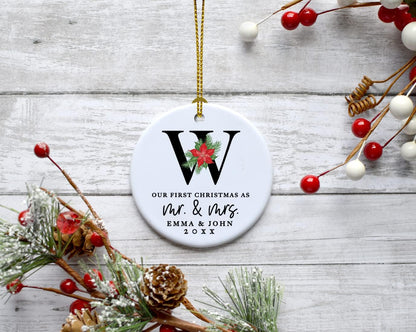Andaz Press Personalized Our First Christmas As Mr. & Mrs. 2025 Christmas Ornaments Monogram Poinsettia 2.8" Round Porcelain Ceramic 1st Year Married Custom Ornament Keepsake for Newlyweds 1-Pack