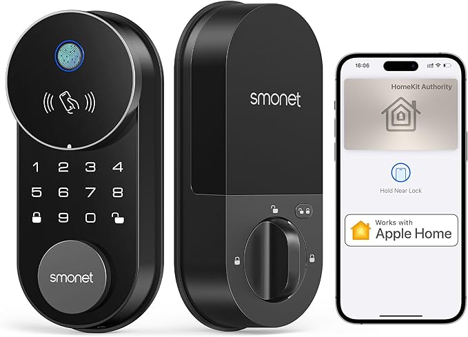 Smart Lock AH1, SMONET Fingerprint Keyless Entry Door Lock with Apple Home Key, WiFi Front Door Deadbolt Touchscreen Keypad with App Remote Control Supports Apple HomeKit, Alexa, Google Assistant