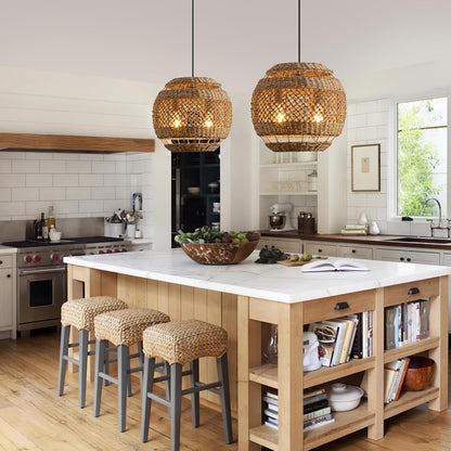 Rattan Pendant Light 13.78" Boho Wicker Seagrass Pendant Light 2-Light Hand Woven Water Plants Rattan Chandelier for Dining Living Bedroom Kitchen Farmhouse