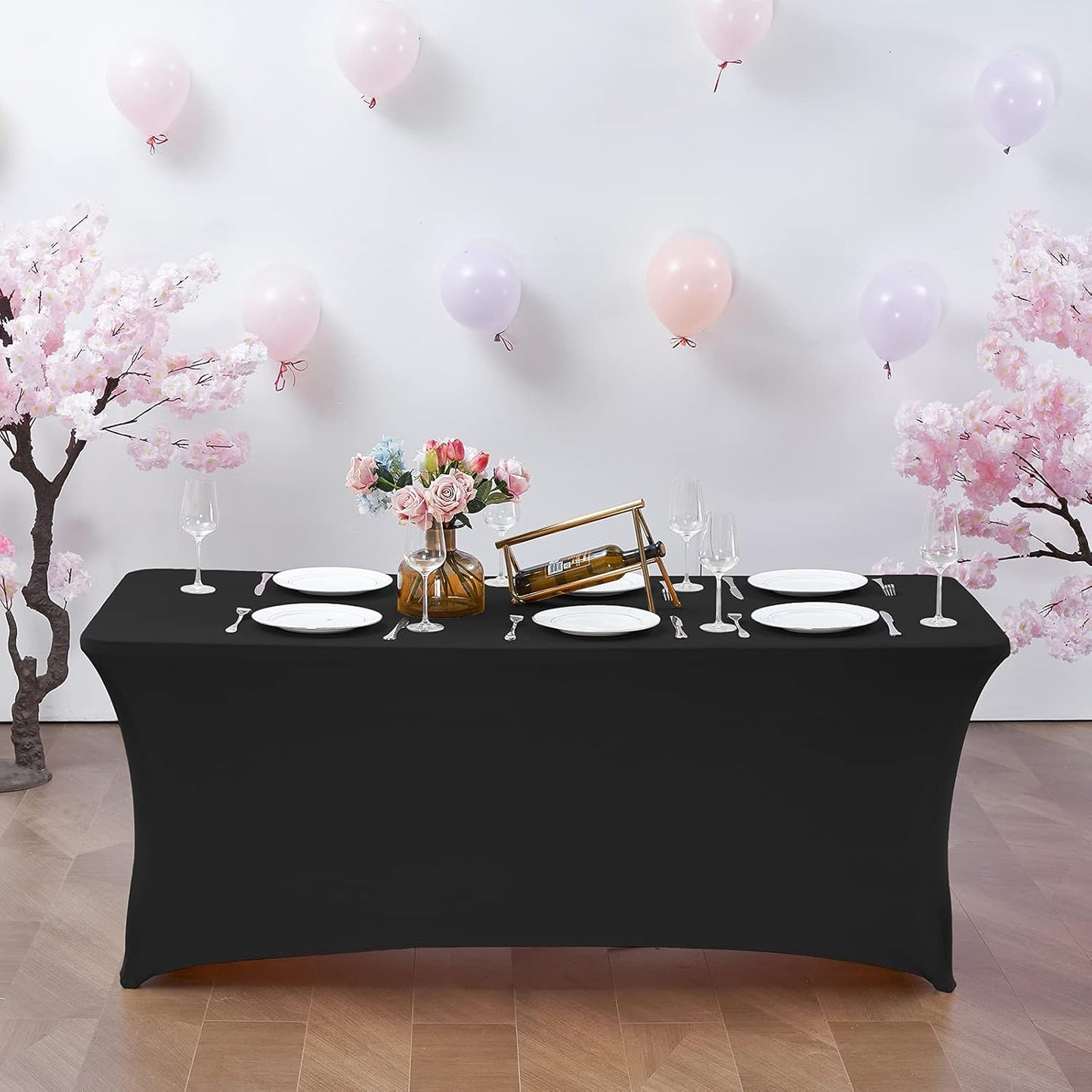 CWK 6FT 2Pcs Stretch Spandex Table Cover for Rectangular Tables - Elastic Fitted Tablecloth for Folding Tables, Wrinkle Resistant, Durable Table Protector for Parties,Weddings,Banquets &Events (Black)