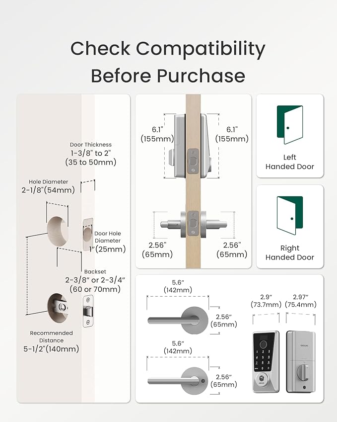 DESLOC D110 Plus Built-in Wi-Fi Smart Lock with 2 Lever Handles, Fingerprint Keyless Entry Door Lock Set, Touchscreen Keypad Deadbolt with Backlit, Remote Control, BHMA 3, IP54 Waterproof, Auto Lock