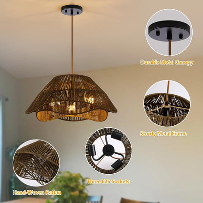 Rattan Pendant Light Fixture Ceiling, 19.68”Hand Woven Wicker Chandelier, Rustic 3-Light Large Hanging Lamp, Adjustable Boho Flush Mount Hanging Light for Dining Room Kitchen Living Room