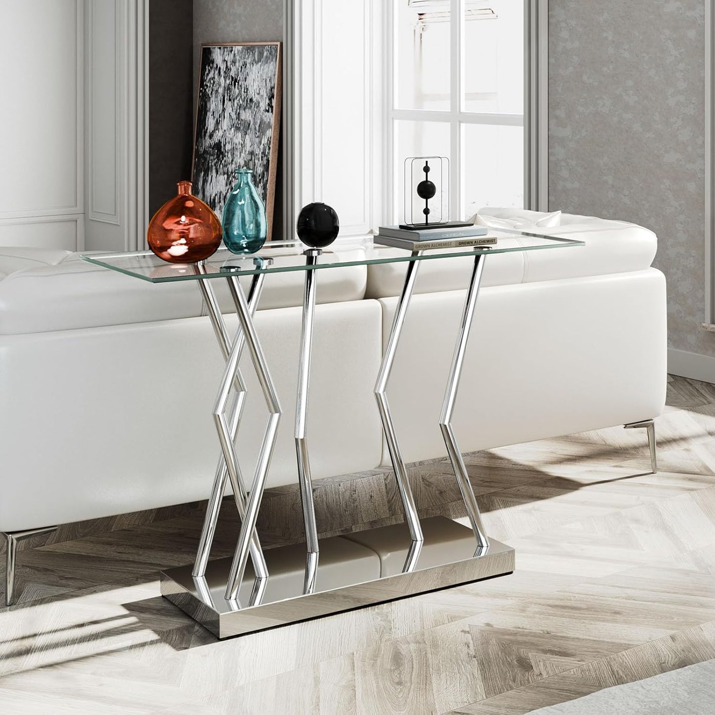 43.3" Glass Modern Console Table, Sturdy Silver Entryway Table with Stainless Steel Base, Rustic Entrance Table, Minimalist Narrow Tables for Living Room & Office
