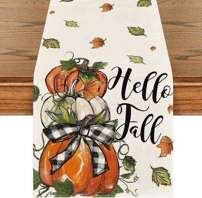 Artoid Mode Pumpkins Bowknot Maple Leaf 210 GSM Fall Table Runner, Seasonal Autumn Kitchen Dining Table Decoration for Home Party Decor 13x48 Inch