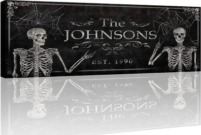 Tailored Canvases Gothic Family Wall Decor - Personalized Grunge Vintage Skeleton Room Decor for Home, Halloween Lovers, Men & Women for Bedroom, Living Room - Custom Couple Name, White Print, 36"x12"