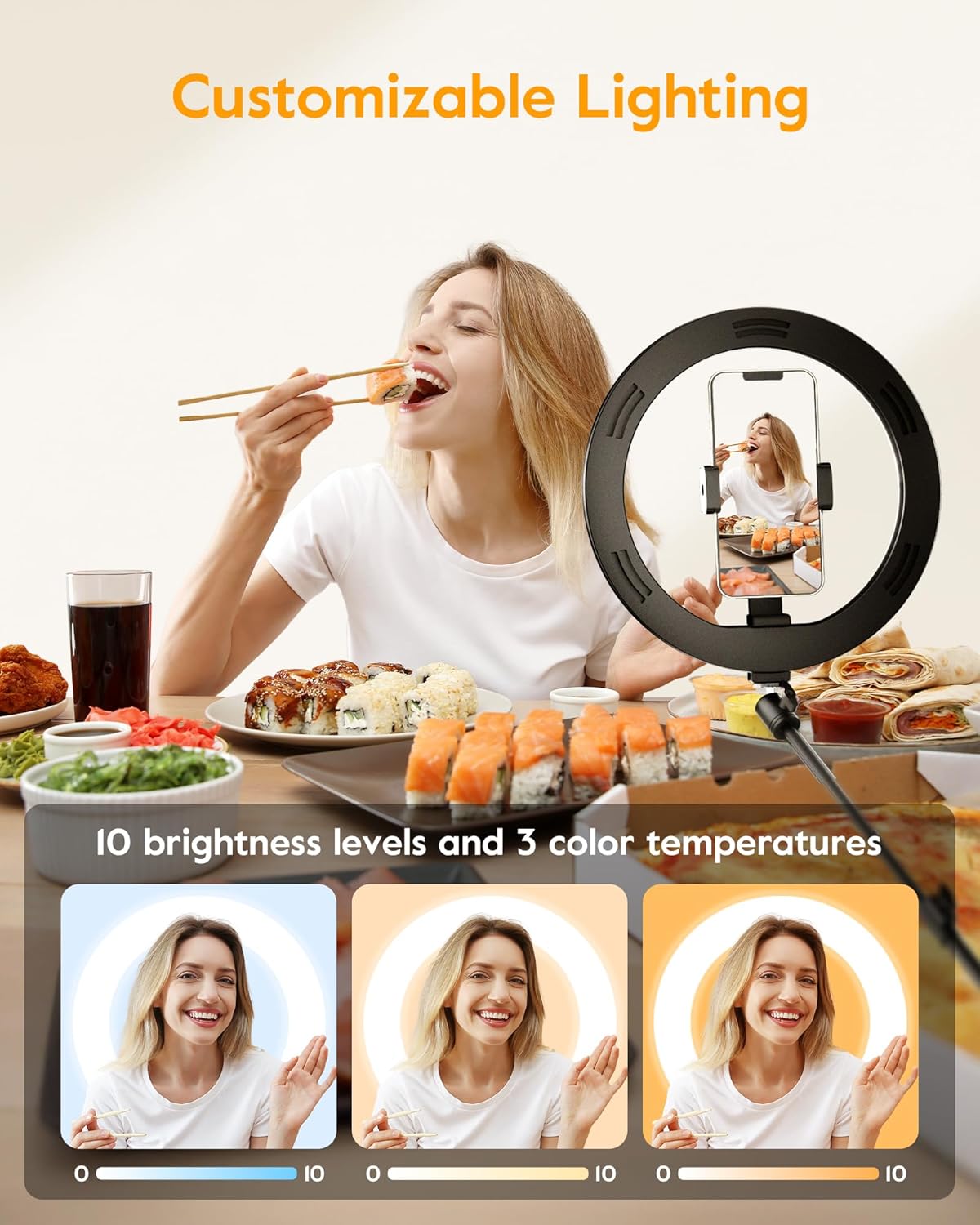 Ring Light with Stand for Desk,Adjustable Overhead Camera Mount with 10" Ring Light Tripod for iPhone,Phone Tripod with Light and Remote Phone Holder for Video Recording,Live Stream,Cooking Video