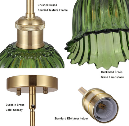 Modern Gold Pendant Light Brushed Brass Mid Century Chandelier Green Glass Shades Adjustable Rods Farmhouse Ceiling Hanging Lighting Fixture Kitchen Island Dining Room Bedroom