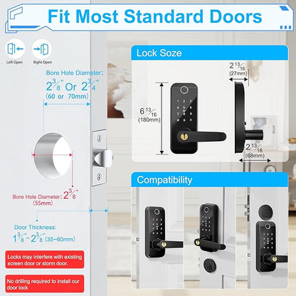 Keyless Entry Fingerprint Smart Door Lock with Handle,Digital Electronic Lock with Touchscreen Keypad,Electric Door Knob for Exterior Interior Entry/Bedroom Front Doors,Built-in WiFi