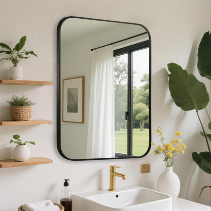 FARMER 20x28 Inch Black Bathroom Mirror, Rectangle Vanity Mirror, Brushed Mirrors for Wall, Metal Frame Hanging Mirror with Round Corner for Bedrooms, Entryways, Living Rooms, Horizontal/Vertical