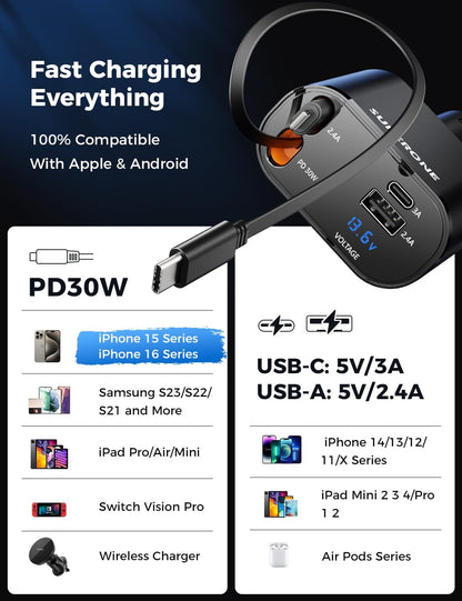 Retractable Car Charger 4 in 1 Fast Car Phone Charger Adapter with Type C & Apple Cords Compatible with iPhone 16/15/14/13/12/11, Galaxy, Pixel