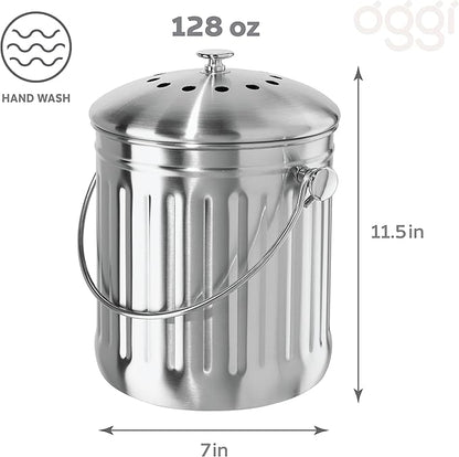 OGGI Countertop Compost Bin with Lid-1 Gallon Indoor Compost Bin w/Charcoal Filter, Stainless Steel Compost Container, Ideal Kitchen Compost Pail, Eco Friendly Products