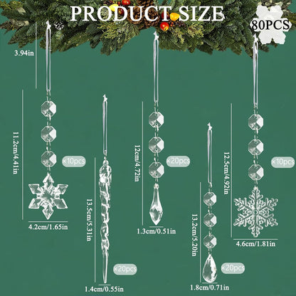 80pcs Christmas Tree Decoration Crystal Ornaments - Acrylic Christmas Snowflake Ornaments Icicle Drop Crystal Hanging Ornaments for Xmas Tree Winter Wonderland Holiday Frozen Party Decor