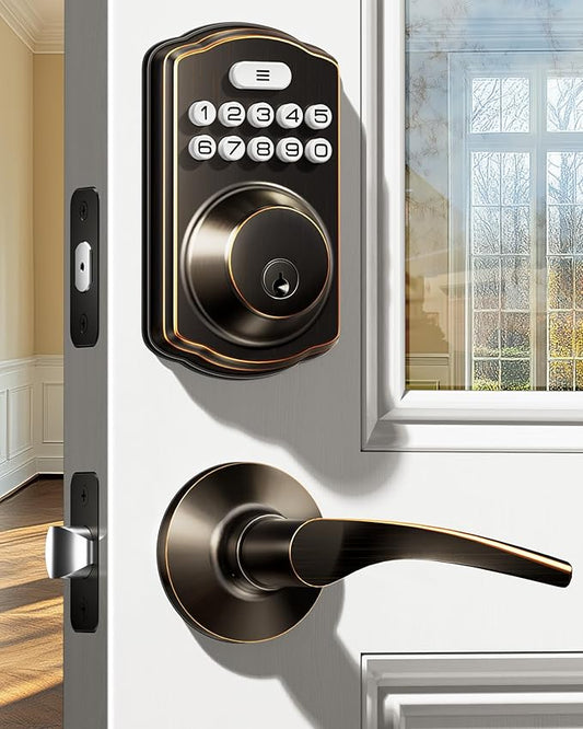 Veise Keyless Entry Door Lock with 2 Lever Handles - Electronic Keypad Deadbolt, Easy Installation Digital Smart Front Door Lock Set, Oil Rubbed Bronze