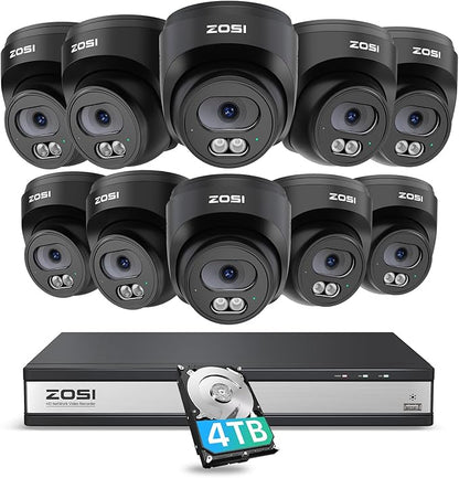 ZOSI C220 16CH 4K PoE Home Security Camera System, 16 Channel 4K 8MP NVR with 4TB HDD for 24/7 Record, 10 x 4MP(1440p) QHD 2.5K Dome IP Cameras Outdoor Indoor, Smart AI Human Detection, Two-Way Audio