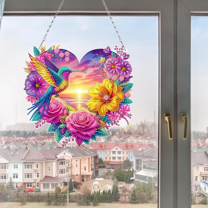 Flowers Hummingbird Diamond Art Kits,5D Diamond Hanging Ornament Kits,DIY Special Shaped Diamond Dot Kits,Home Porch Crystal Hanging Pendant Ornament (Colorful2)