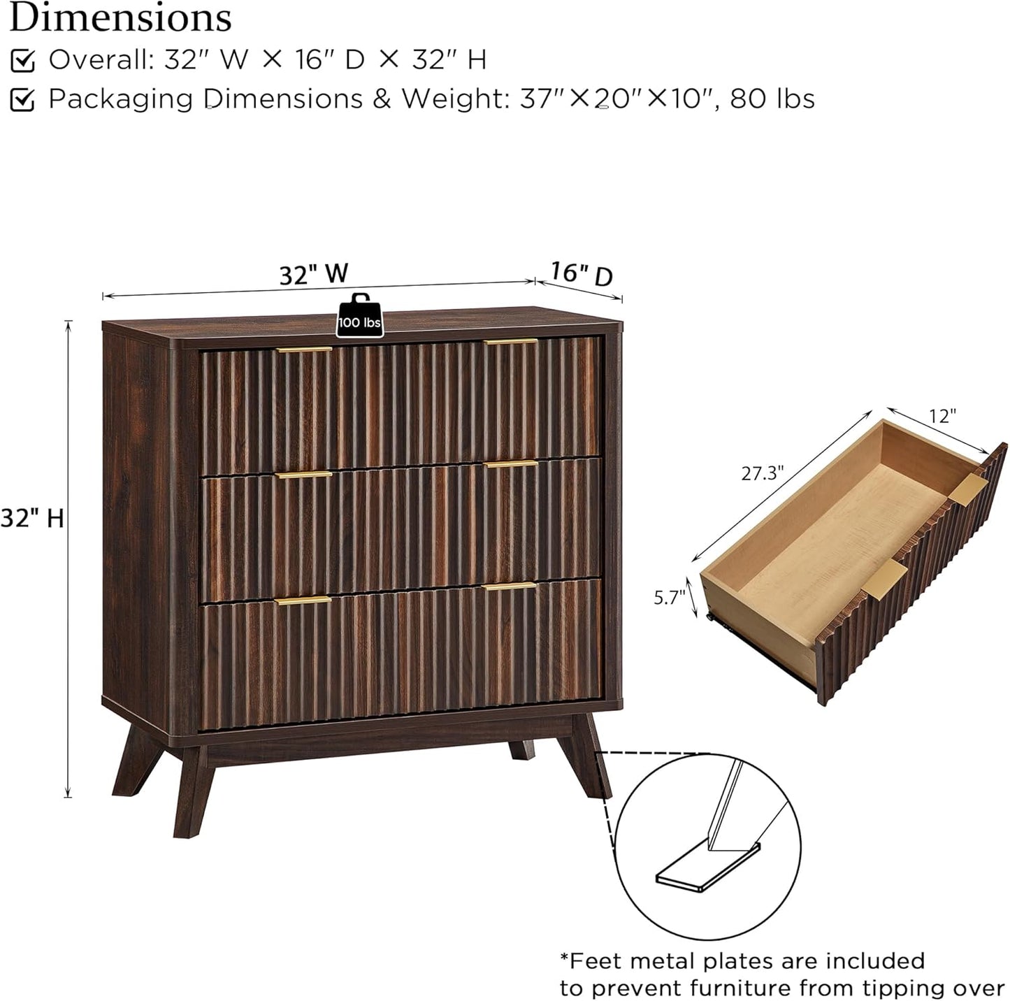 T4TREAM 32" Tall Fluted Nightstand, Modern Side Table, 3 Drawers End Table w/Storage, Bedside Table for Bedroom, Living Room, Curved Profile Design, Dark Walnut