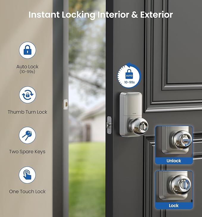 Veise Keypad Door Knob Lock, Keyless Entry Digital Lock with Handle, Electronic Smart Knob for Front Door & Bedroom, Easy Install, Auto Lock, Passage Mode, Anti-Peeping Password, Satin Nickel