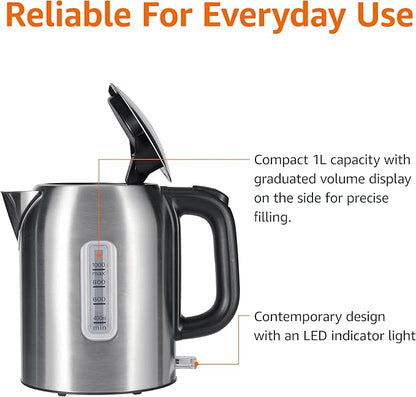 Amazon Basics Electric Kettle, Tea Kettle & Water Boiler with Auto Shut-Off, Boil Dry Protection, Strix Thermostat, BPA-Free, 1500W, 1.1Qt (1L), Stainless Steel, New Model, Black & Silver