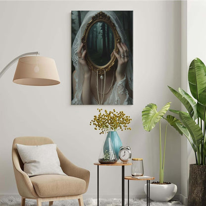 Mirror face covering dark art poster print melancholy gothic painting vintage feminine print victorian style decoration antique art28x40in Wood Framed