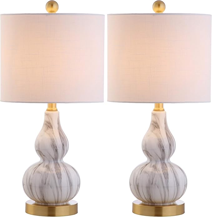 JONATHAN Y 20.5" Black/White Glass Table Lamp, Modern Gourd Bedside Nightstand Lamp for Bedroom, Living Room, White Linen Shade, LED Bulb Included (JYL1028D-SET2)