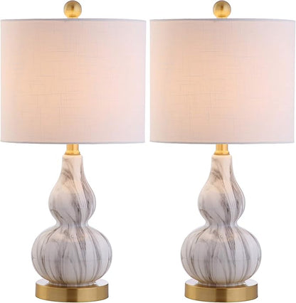 JONATHAN Y 20.5" Black/White Glass Table Lamp, Modern Gourd Bedside Nightstand Lamp for Bedroom, Living Room, White Linen Shade, LED Bulb Included (JYL1028D-SET2)