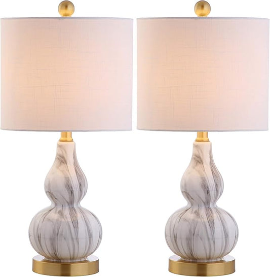 JONATHAN Y 20.5" Black/White Glass Table Lamp, Modern Gourd Bedside Nightstand Lamp for Bedroom, Living Room, White Linen Shade, LED Bulb Included (JYL1028D-SET2)