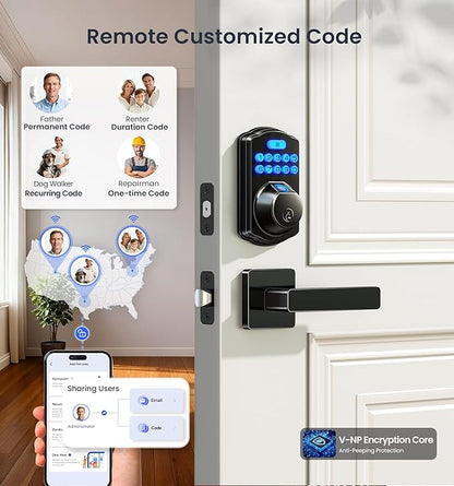 Veise VE012W-L Built-in Wi-Fi Fingerprint Smart Lock with Lever Handle Set, App Remote Control, Keyless Entry for Front Door, Deadbolt Digital Backlit Keypad, Voice Assistant, Auto Lock, Matte Black