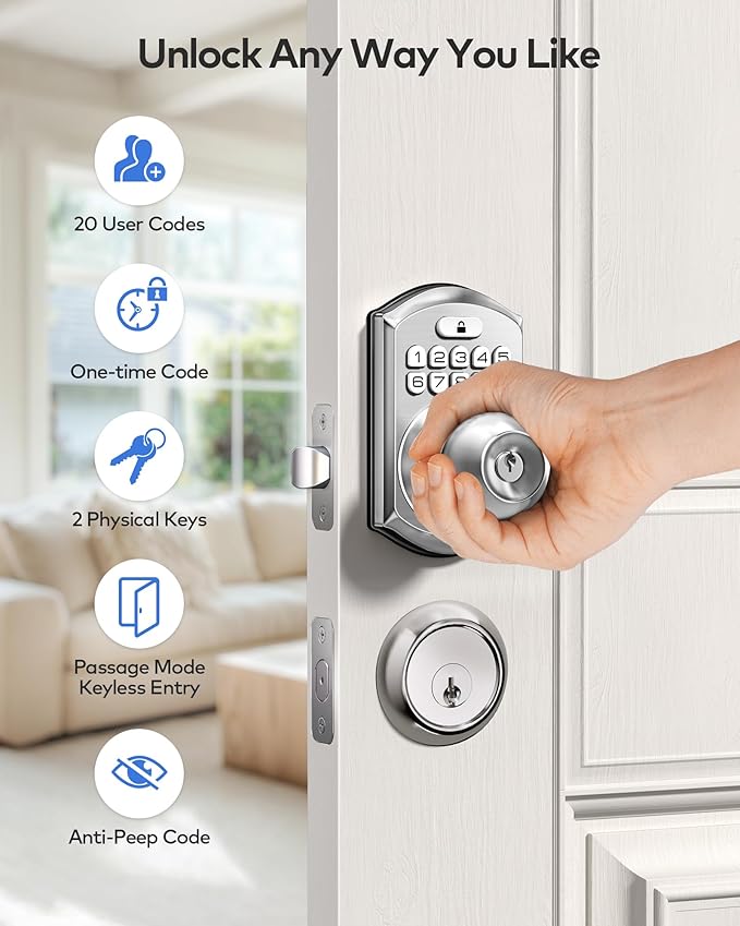 TEEHO TE003 Keyless Entry Keypad Door Lock with Handle, Electronic Digital Smart Deadbolt Locks with 2 Backup Keys, Door Knob with Code for Front Door Bedroom, Auto Lock, Easy to Install, Satin Nickel