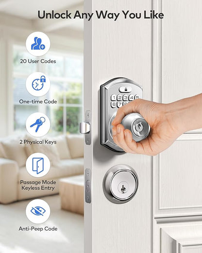 TEEHO TE003 Keyless Entry Keypad Door Lock with Handle, Electronic Digital Smart Deadbolt Locks with 2 Backup Keys, Door Knob with Code for Front Door Bedroom, Auto Lock, Easy to Install, Satin Nickel