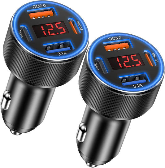 Car Charger USB C, Besgoods 4 Ports Cigarette Lighter USB Charger USB C Car Adapter PD/QC Fast Charging with Voltmeter for iPhone 16 15 14 13 12 Galaxy S24 S23 A54 A15 Android Dash Cam, 2Pack
