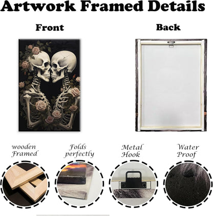 OAAPITI Vintage Skeleton Canvas Wall Art Gothic Painting Artwork Retro Rose Skull Art Poster Abstract Romantic Theme Picture Halloween Living Room Decor(Artwork-4,12"x18")