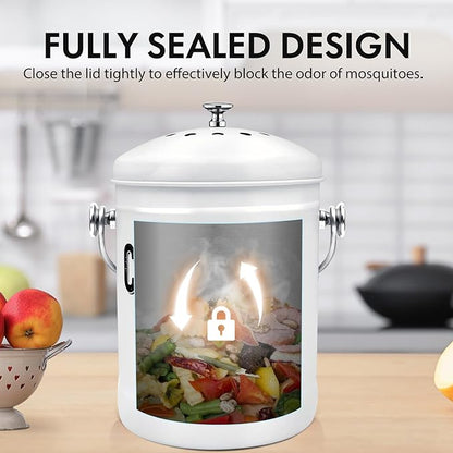 Compost Bin Kitchen, ENLOY Countertop Compost Bin with Lid Use for Kitchen Food Waste, Powder Coated Rust Proof Odorless Compost Bucket, 1.3 Gallon, White