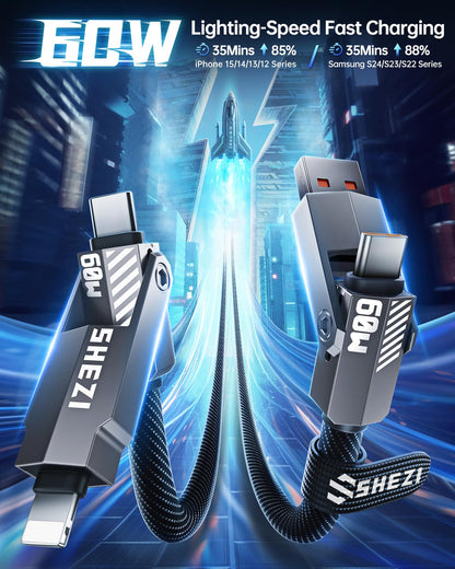 SHEZI Nylon Braided 4 in 1 USB C Cable 60W 5FT Compatible with Lightning Cable, Fast Charging for iPhone/iPad Charger Cord [480Mbps Data Sync],Multi Charging Cable with Type C/USB A, Grey