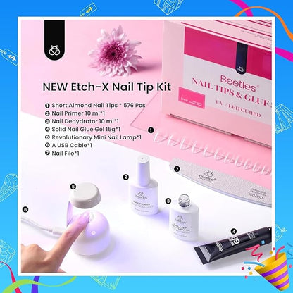 Beetles Gel Nail Kit Short Almond Gift Spree, with Dehydrator and Primer, 576Pcs Half Matte Etch-X Gel Nail Tips Solid Nail Glue Mini Lamp Acrylic Tips Easy DIY Extension Set Gift for Women